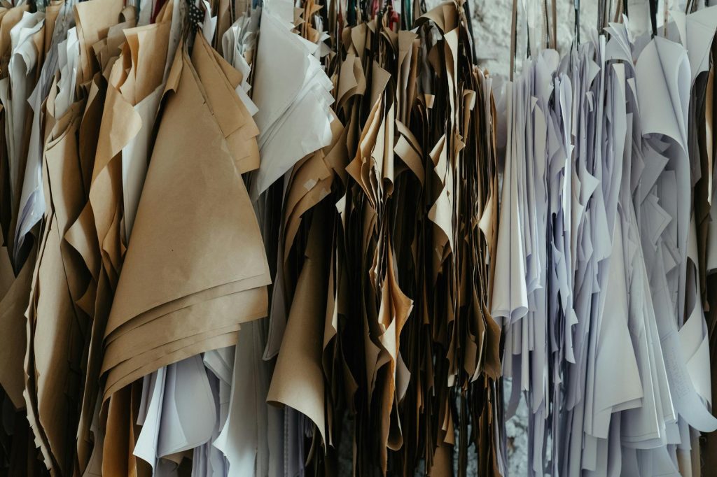 An array of fabric patterns hanging in a tailoring workshop, showcasing diverse designs.