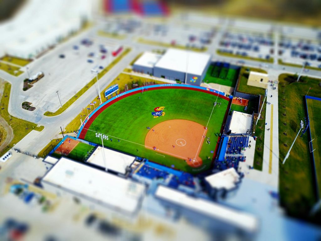 Tilt-shift aerial view of Kansas University softball field in Lawrence, KS.