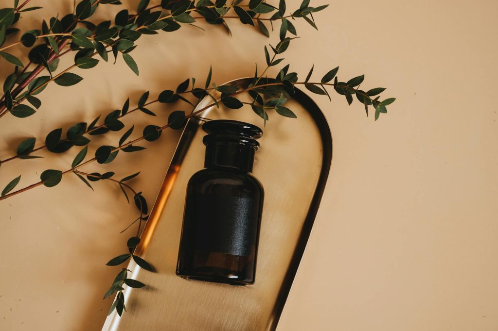 Stylish flat lay of a dark glass cosmetic bottle on a tray with green leaves, perfect for wellness themes.