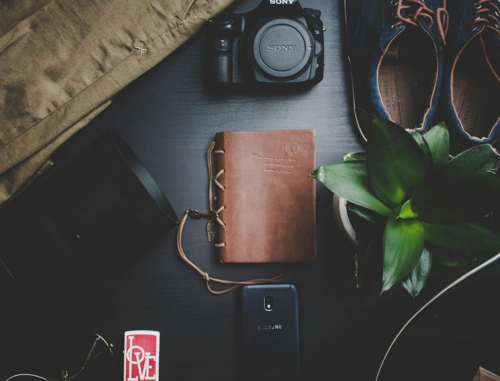 Flatlay featuring travel essentials including a camera, notebook, smartphone, and plant on a dark surface.