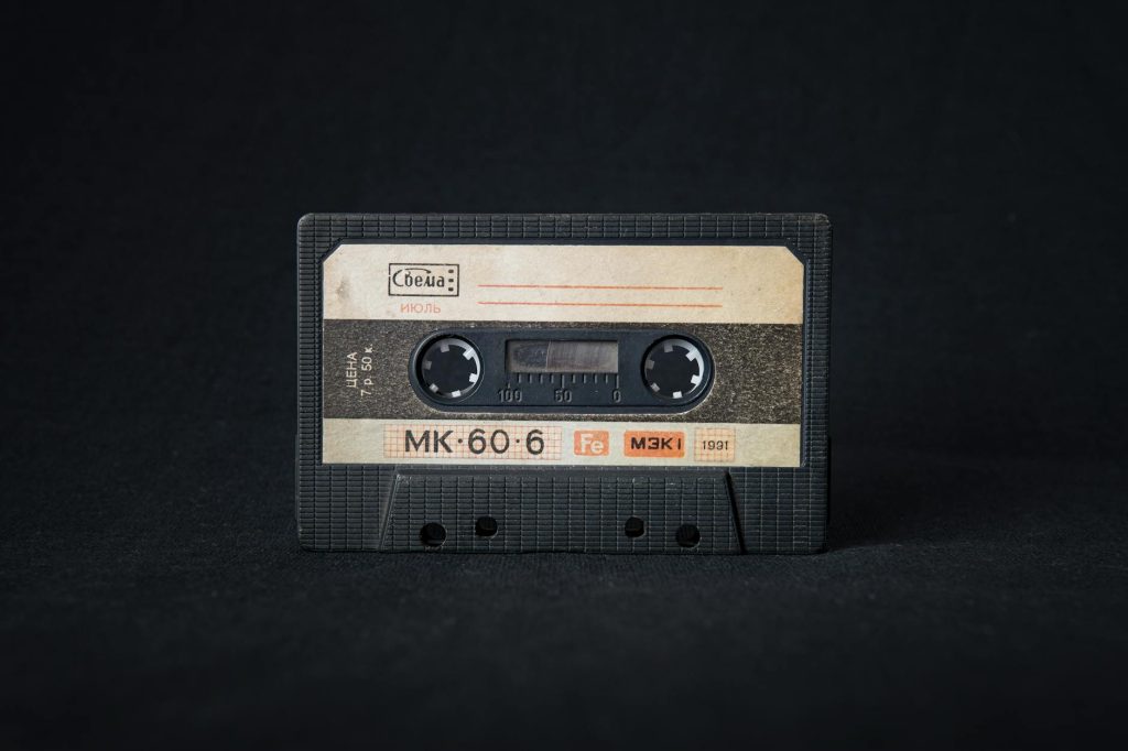 Close-up of a classic 1991 cassette tape symbolizing music nostalgia and retro style.