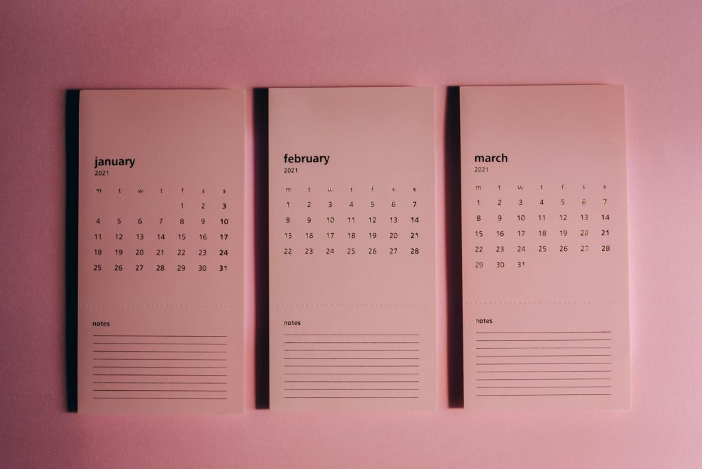 Stylish pink calendar featuring months of January, February, and March 2021 in a minimalist design.