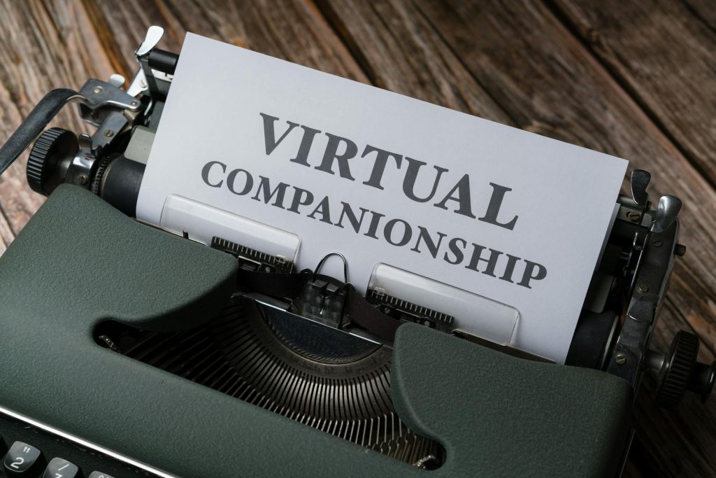 A vintage typewriter with paper displaying 'Virtual Companionship' in retro style.