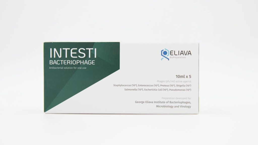 Box of Intesti Bacteriophage antibacterial solution developed by Eliava. 10ml x 5 packaging.