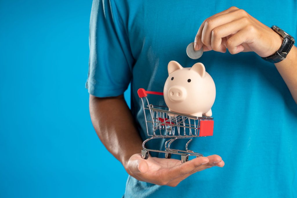 Concept of savings and investment with a piggy bank in a shopping cart.